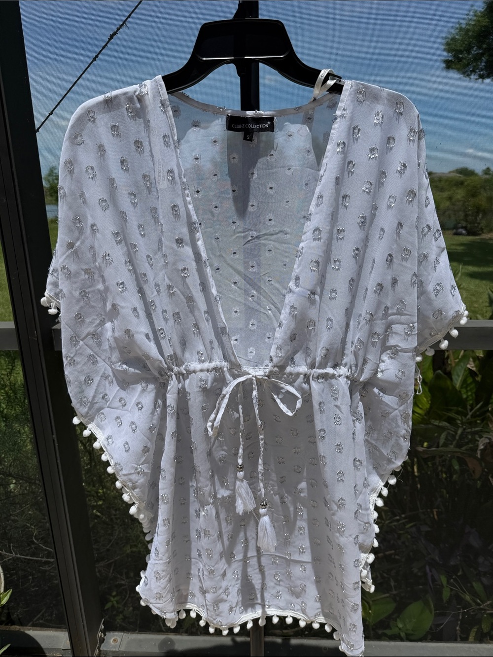 Club Z Collection sheer silver & White Pom-Pom Swim Coverup Tunic